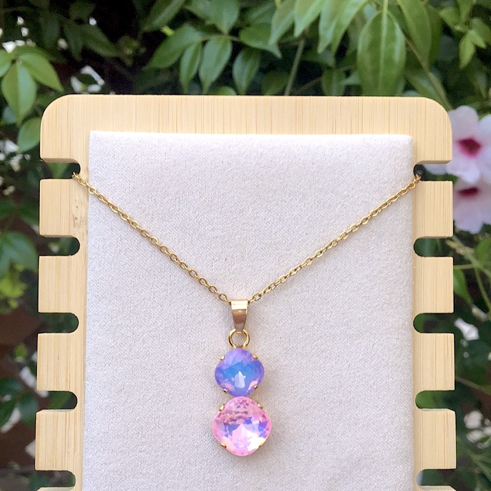 Pink + Periwinkle Purple Blue Opal Aurora Borealis + Gold Drop Pendant Necklace - Picture 11 of 12